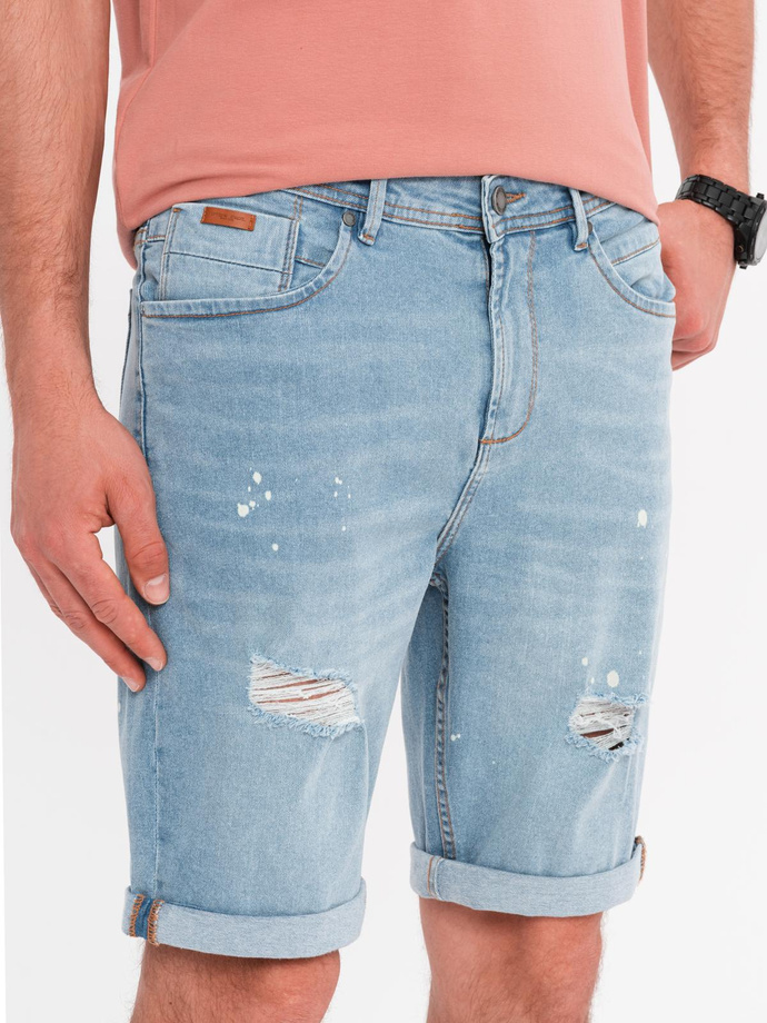 Men's short denim shorts with rubbing and rolled up leg - light blue V1 OM-SRDS-0186