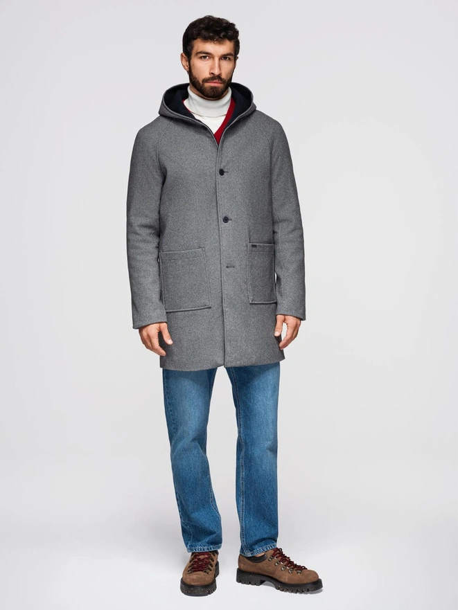 Men's melange long coat with hood - grey V1 OM-COWC-0122