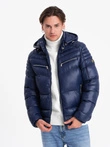 Heavily insulated quilted men's jacket with detachable hood - navy blue V2 OM-JAHP-22FW-010