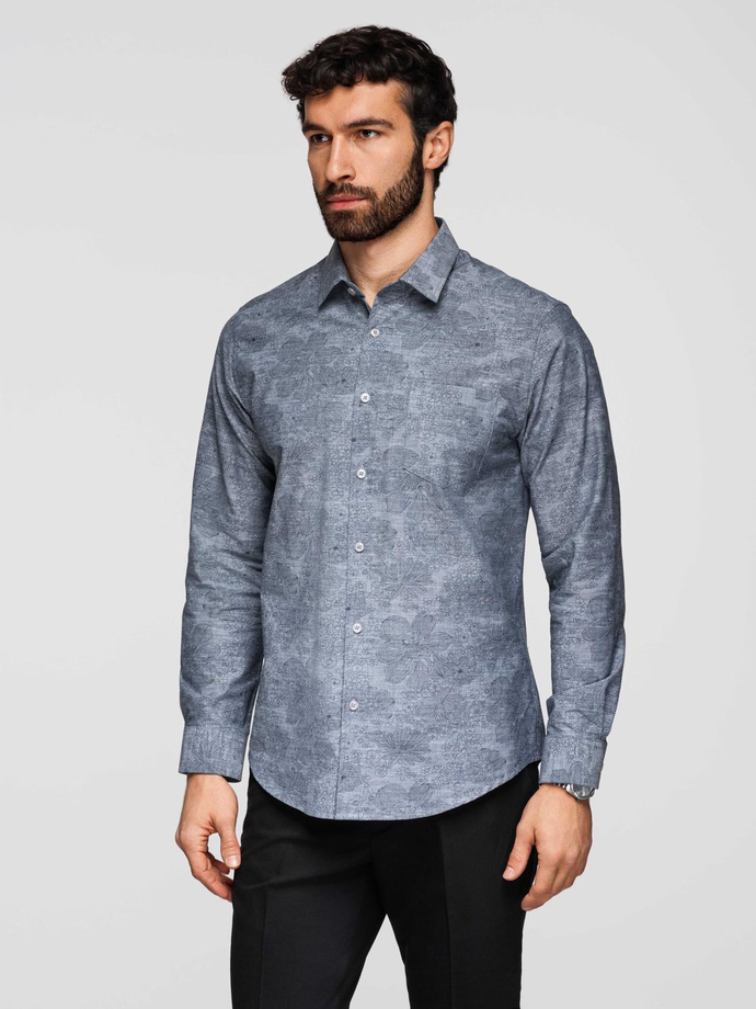 Cămașă clasică bărbătească din flanelă de bumbac cu motive florale - gri V3 K701