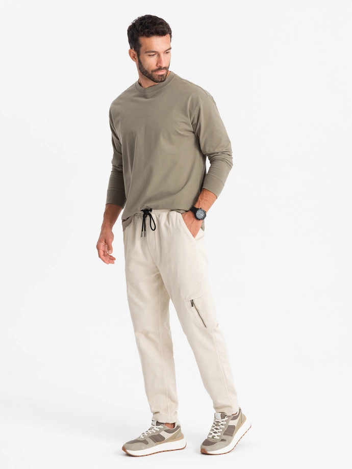 Men's knitted joggers with cargo pockets - cream V1 OM-PAJO-0199