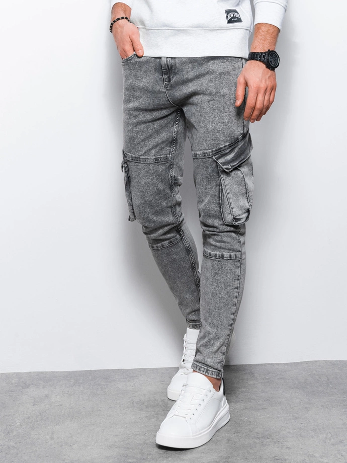 Denim cargo pants SLIM FIT with whitening effect - gray V1 OM-PADP-0176