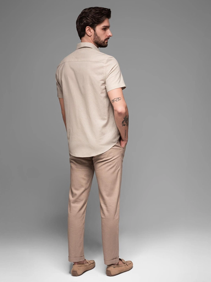 Pánská košile z bavlny a lnu s krátkým rukávem a kapsou - béžová V4 OM-SHSS-0167