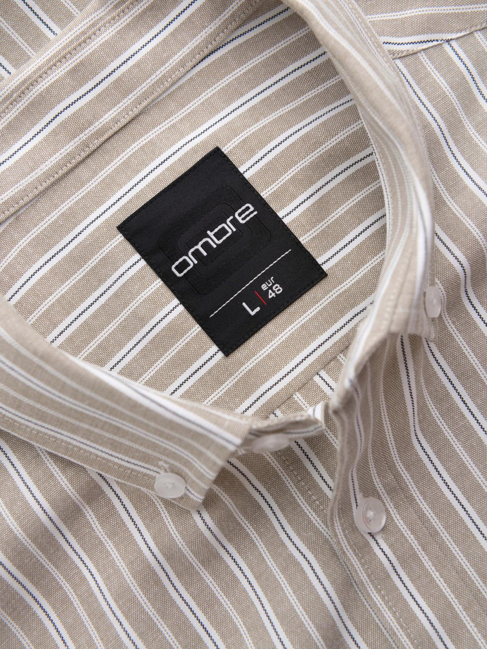 Men's cotton REGULAR FIT shirt with fine stripes - beige V1 OM-SHOS-0170