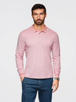 Men's melange polo longsleeve with embroidery - pink melange V2 OM-POLS-0129