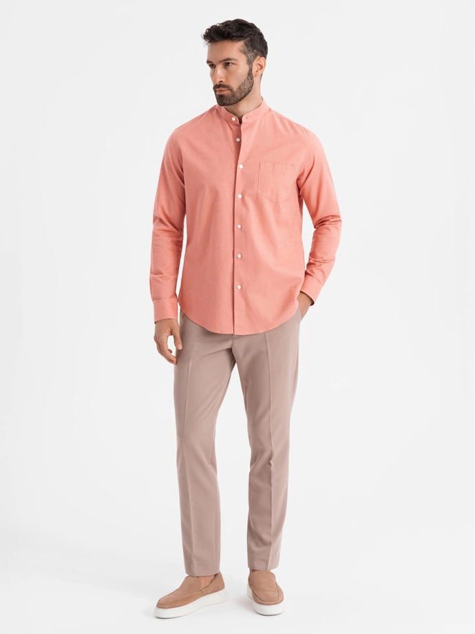 Men's linen shirt with collar and pocket REGULAR FIT - peach V1 OM-SHCS-0161