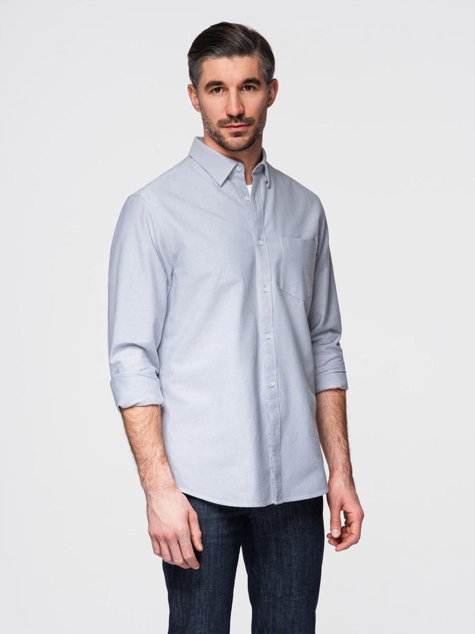 Cămașă oxford elegantă pentru bărbați cu broderie și buzunar - albastru V1 OM-SHOS-0173