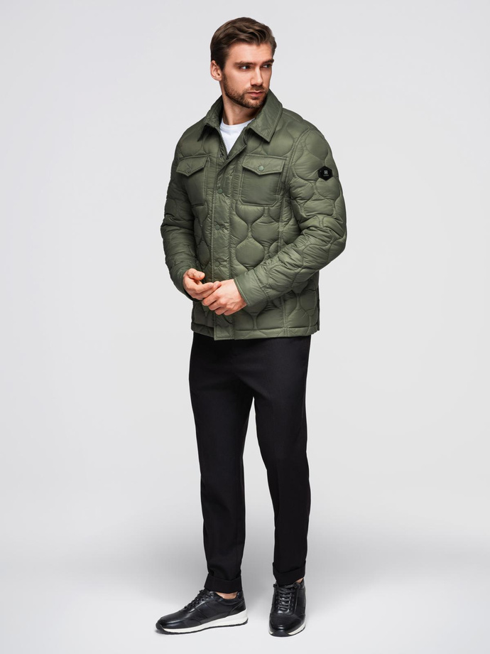 Men's quilted jacket in shirt cut - olive V2 OM-JALP-0215
