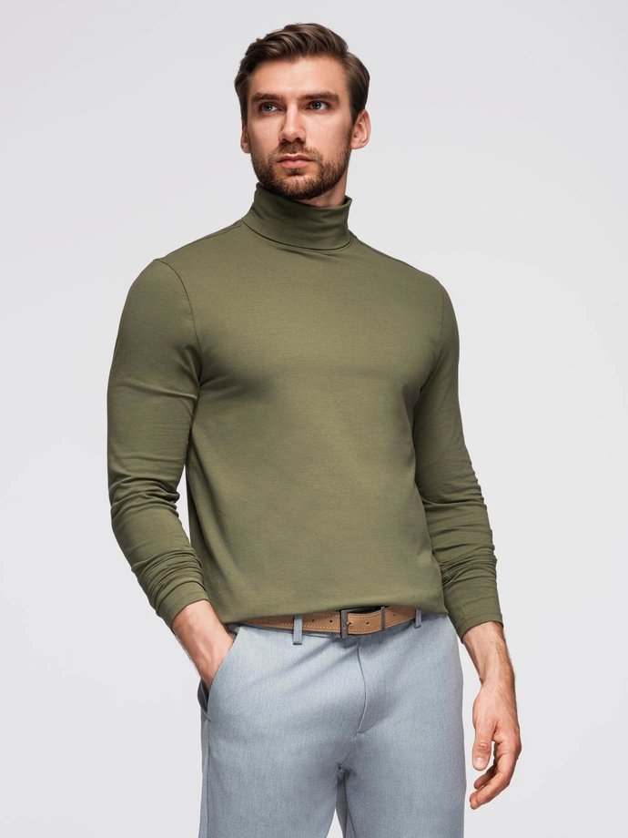 Men's plain turtleneck longsleeve - dark olive green V4 OM-LSCL-0130