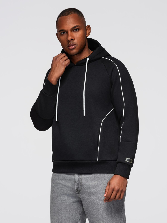 Men's sweatshirt with contrast stitching and hood - black V1 OM-SSNZ-0250