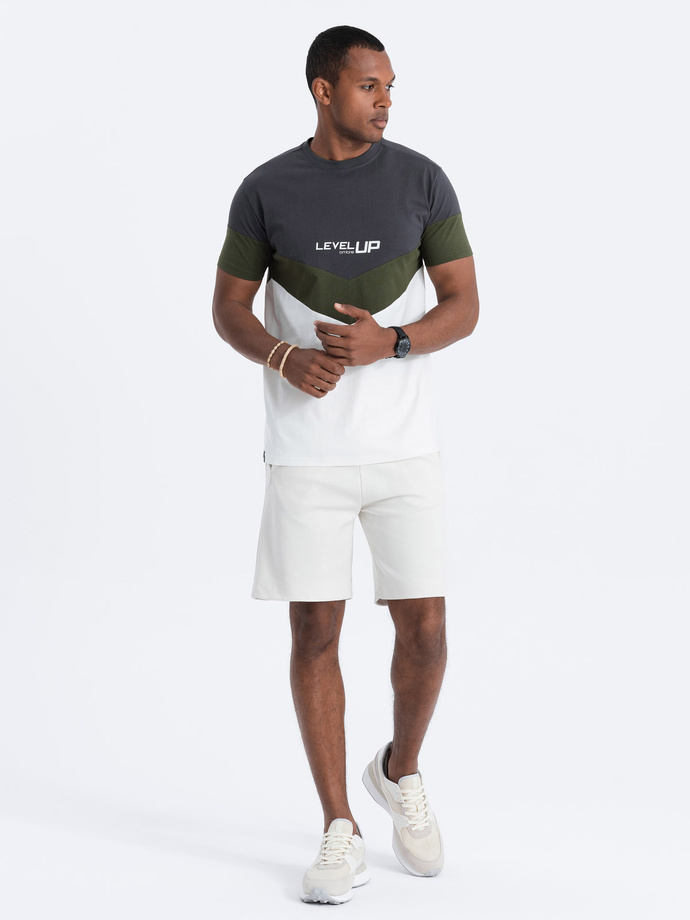 Tricou tricolor din bumbac pentru bărbați cu logo - grafit/olive V9 S1747