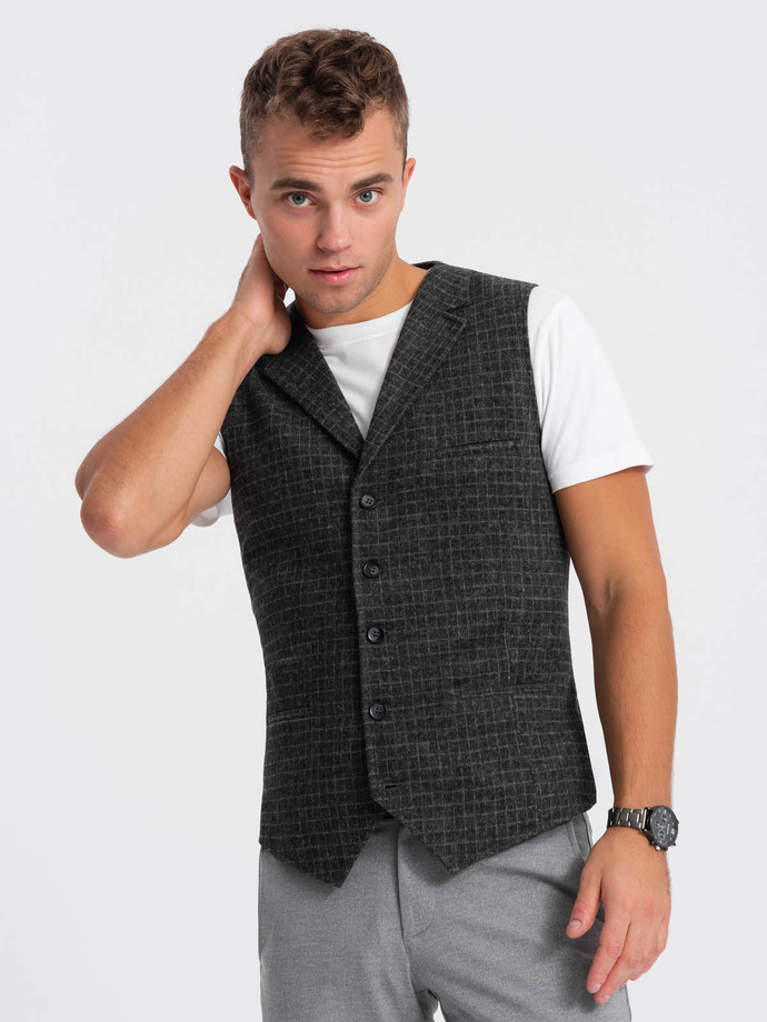 Men's wool blend vest with checkered lapels - graphite V1 OM-BLZV-0110