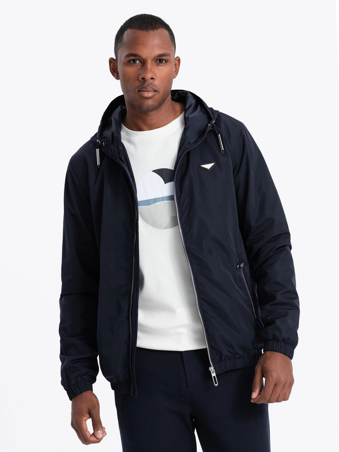 Men's hooded windbreaker jacket with classic cut - navy blue V2 OM-JANP-22FW-006