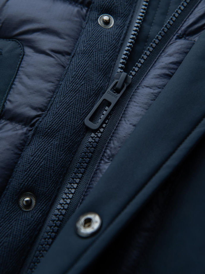 Men's quilted long jacket with large pockets - navy blue V4 OM-JALJ-0165
