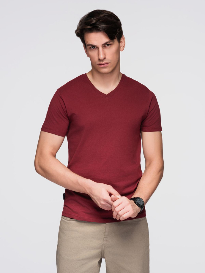 Bumbac clasic pentru bărbați BASIC tricou cu guler în V - maro V10 OM-TSBS-0145