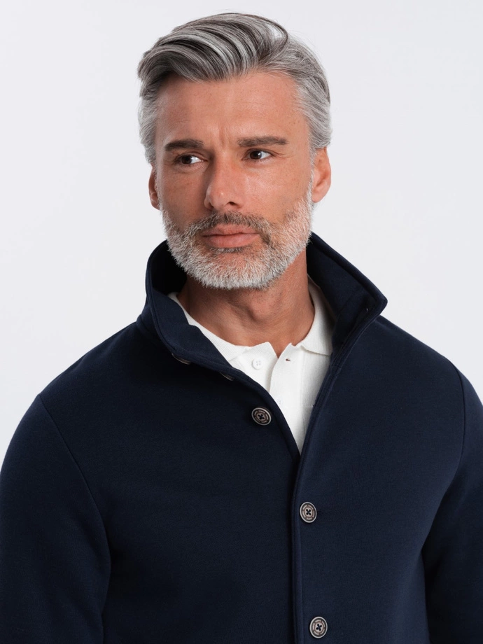 Men's casual sweatshirt with button-down collar - navy blue V4 OM-SSZP-0171