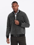 Jachetă bomber din denim pentru bărbați cu efect de spălare cu pietre - negru V2 OM-JADJ-0163