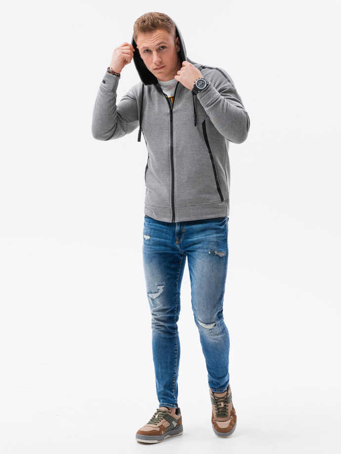 Pánská mikina na zip s kapucí - žíhaná šedá B1076