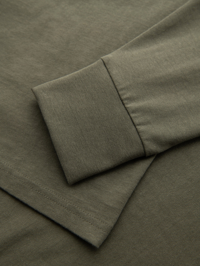 Men's cotton longsleeve with U neckline with stripes and embroidery - olive V1 OM-LSCL-0128