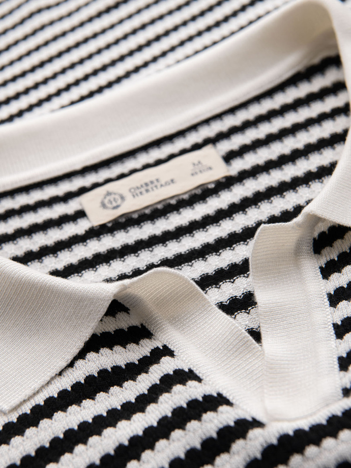 Men's knitted buttonless polo shirt with navy stripes - black and white V1 OM-POSS-0161
