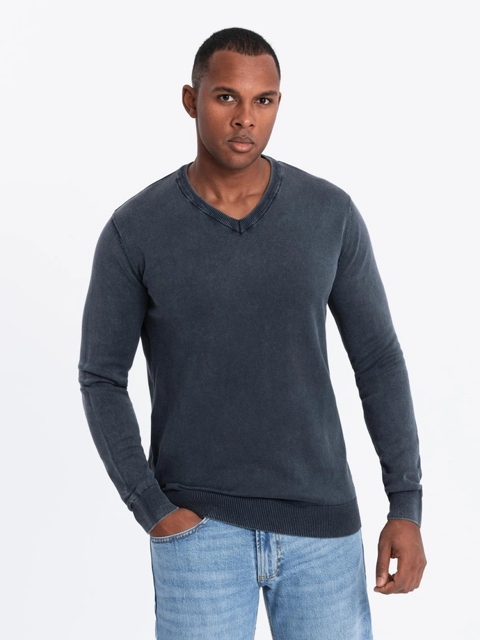 Washed men's sweater with v-neck - navy blue V2 OM-SWOS-0108