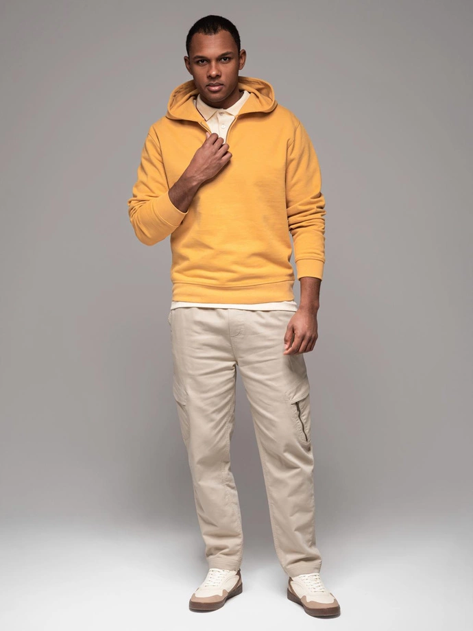 Pánske pletené tepláky s cargo vreckami - krémové V1 OM-PAJO-0199