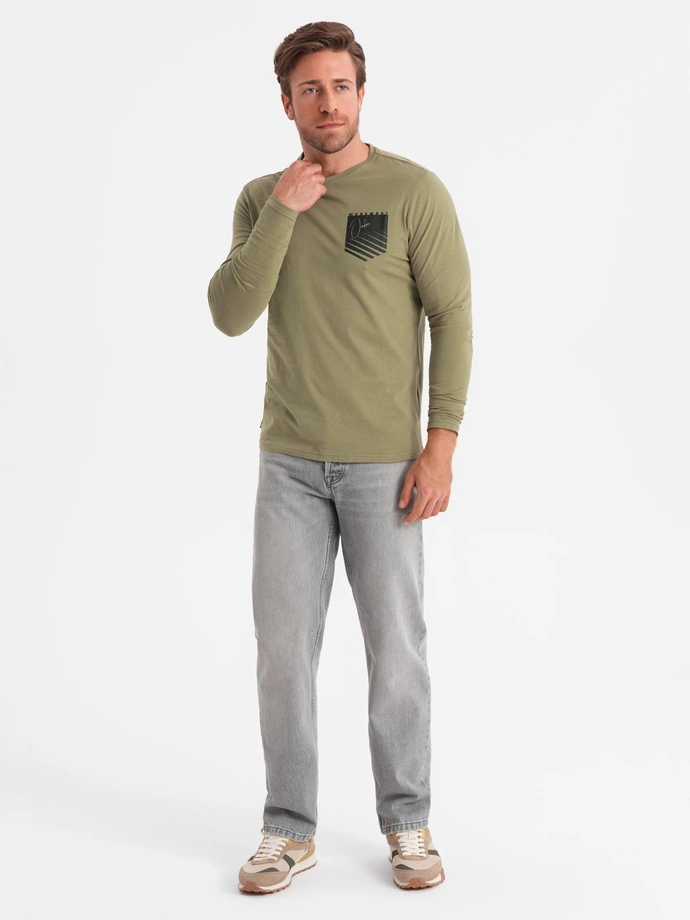 Longsleeve męski z printem w kształcie kieszonki - oliwkowy V2 OM-LSPT-0118