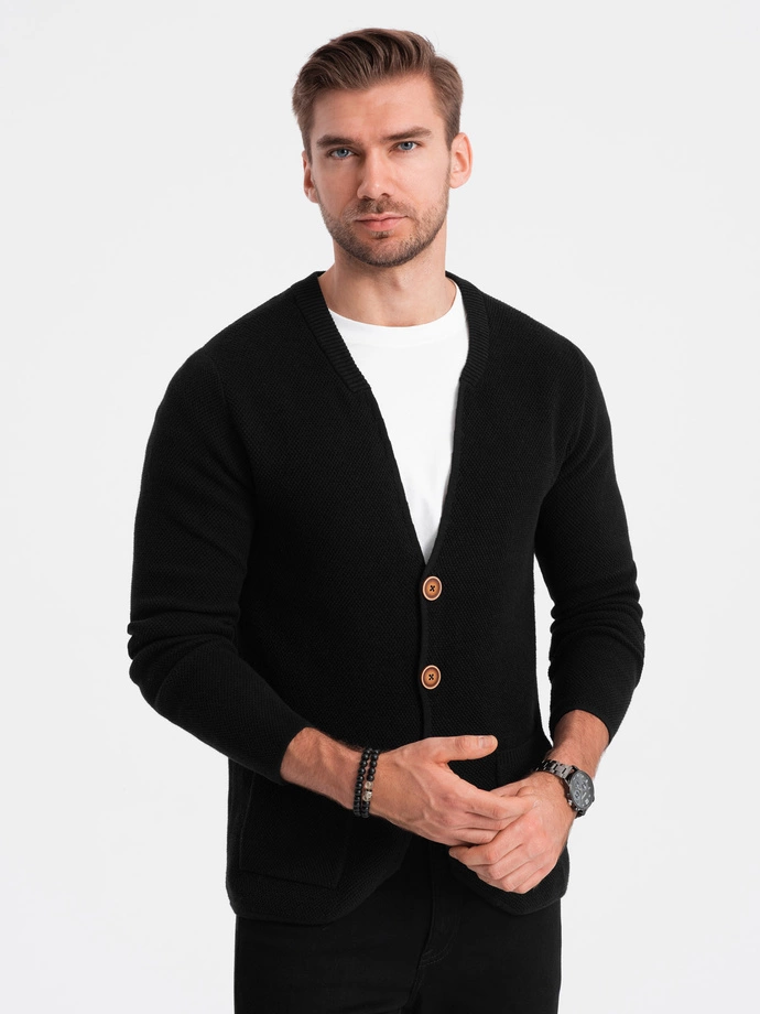 Men's structured cardigan sweater with pockets - black V1 OM-SWCD-0109