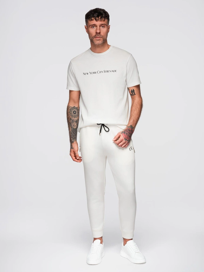 Men's sweatpants with ribbed legs and rubber print - white V2 OM-PASK-0223