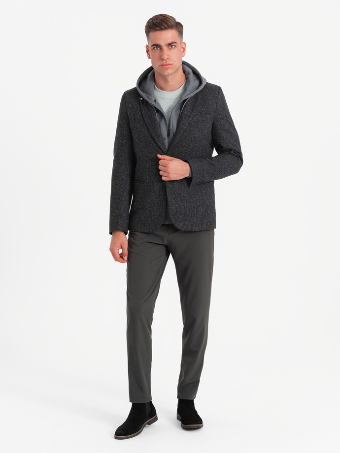 Pánské sako s ozdobnou sponou na klopě - grafitový melír V2 OM-BLZB-0120