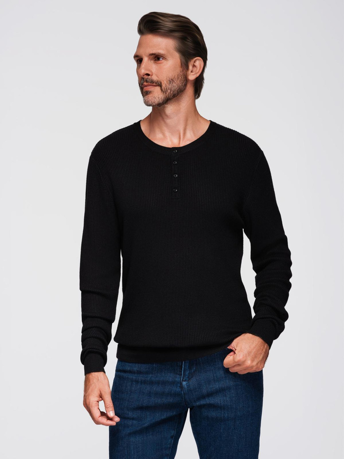Men's ribbed sweater with buttons at the neckline - black V2 OM-SWSW-0182
