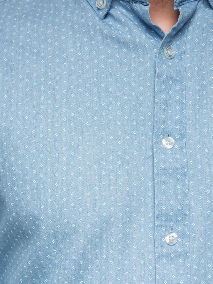 Men's patterned thin denim shirt with pocket - light blue V1 OM-SHDS-0179