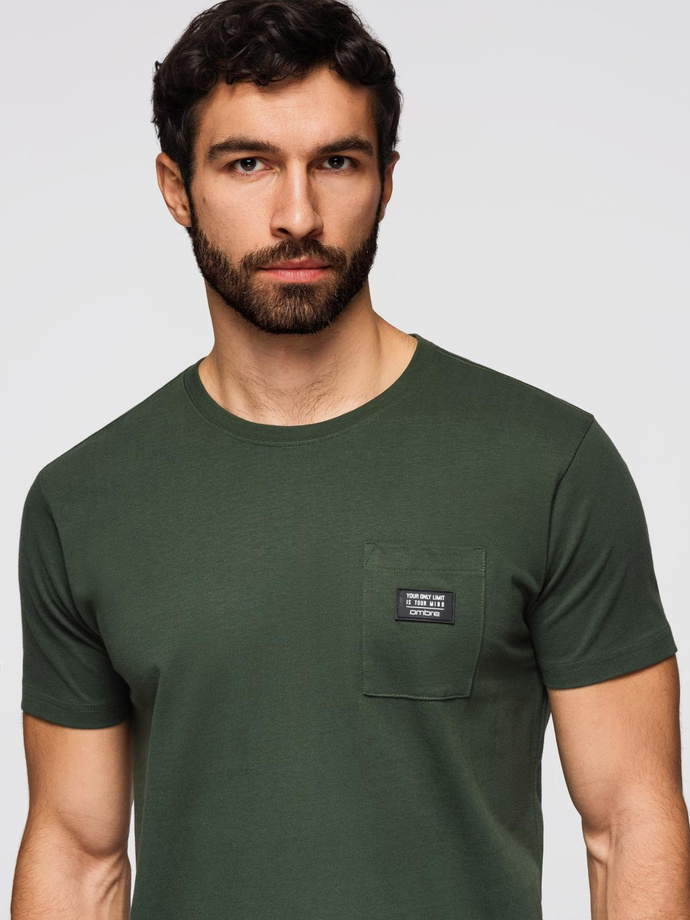 Tricou casual bărbătesc cu buzunar peticit - verde-oliv închis V4 OM-TSCT-0109