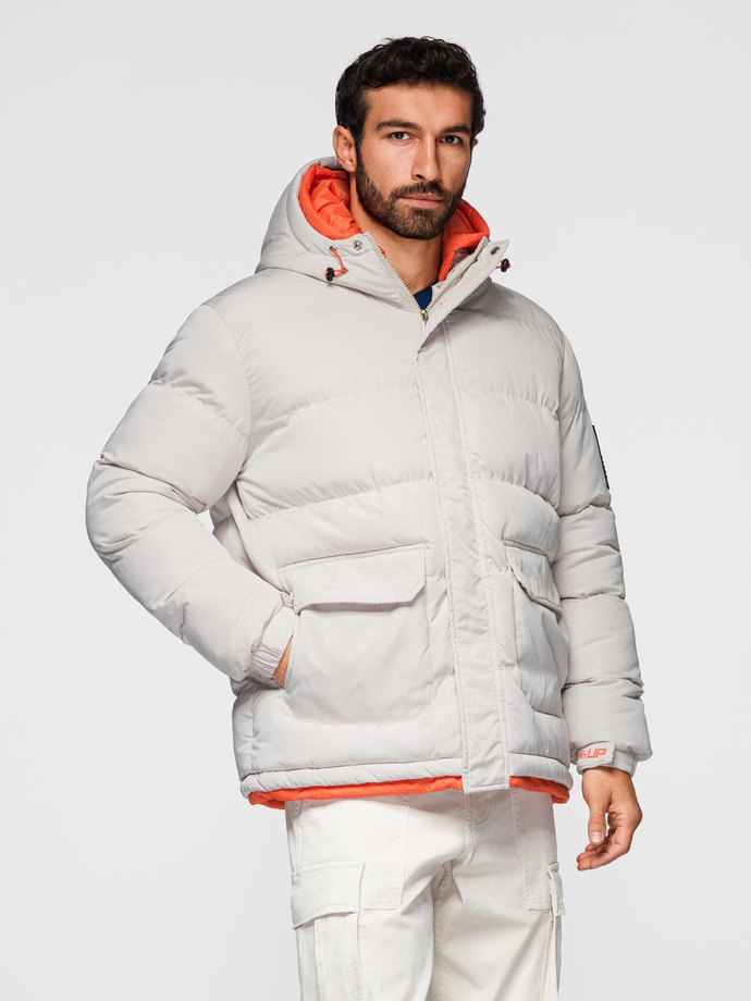 Men's sports warm jacket with double hood - ash V1 OM-JAHP-0208