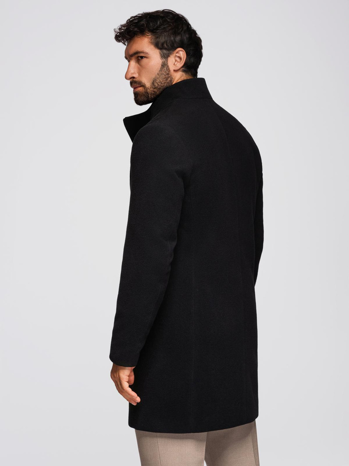 Men's coat with high collar and asymmetrical fastening - black V2 OM-COWC-0141