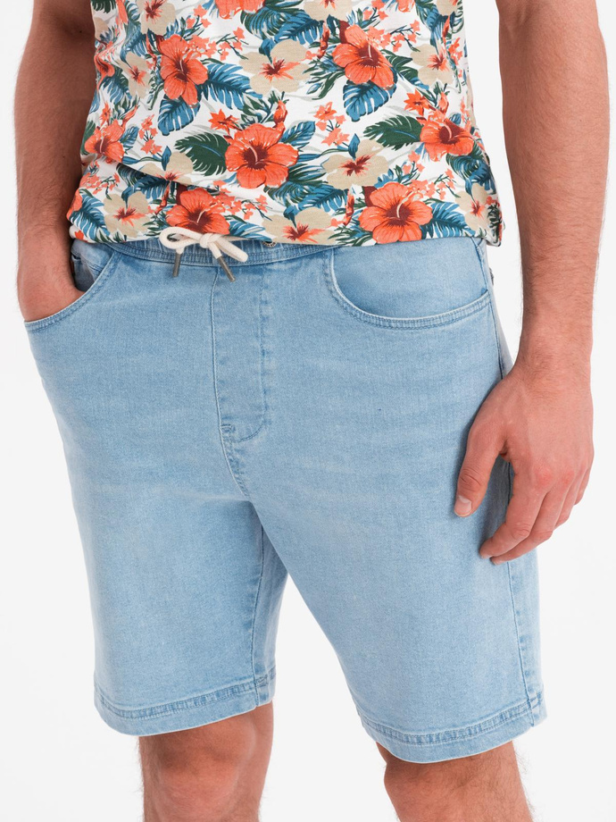 Men's shorts with elastic waistband and wash effect - light blue V1 OM-SRDS-0192