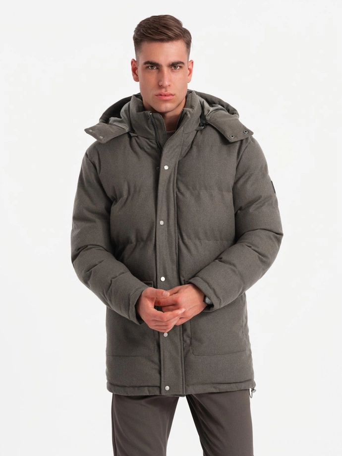 Men's long warm parka jacket with wool - dark grey melange V4 OM-JALJ-0217