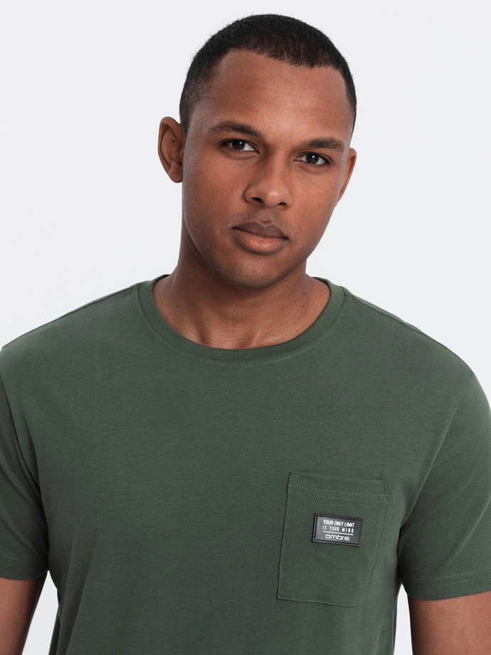 Casual men's t-shirt with patch on pocket - dark olive V4 OM-TSCT-0109