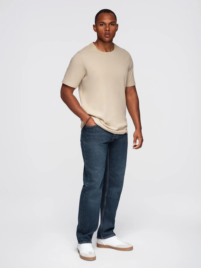Men's waffle-textured T-shirt with round neckline - sand V2 OM-TSCT-0197