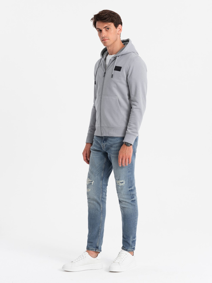 Men's unbuttoned sweatshirt with hood and patch - grey V1 OM-SSZP-0140