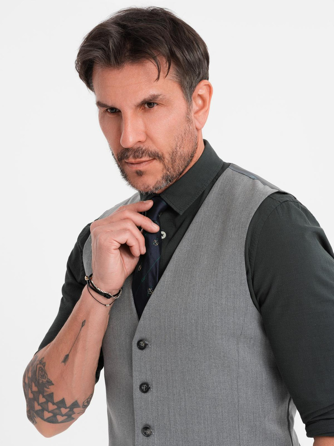 Elegantní pánská vesta SLIM FIT ve tvaru rybí kosti - šedá V1 OM-BLZV-0143