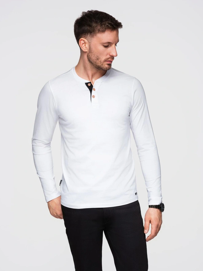 Men's longsleeve with buttons at the neckline - white V10 OM-LSCL-0107