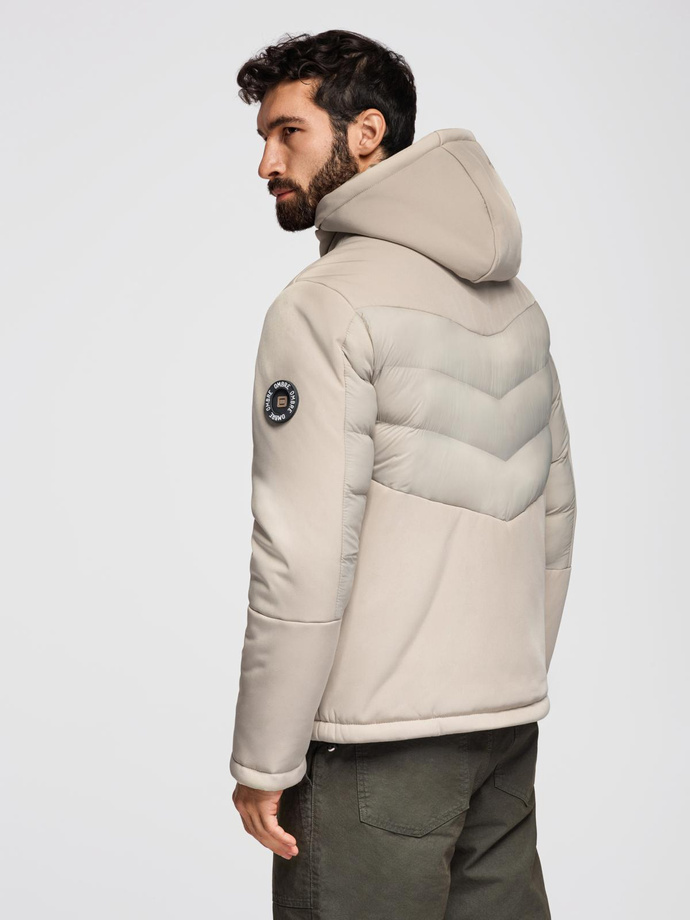 Pánska kombinovaná prešívaná bunda s vysokým golierom - béžová V4 OM-JALP-0172