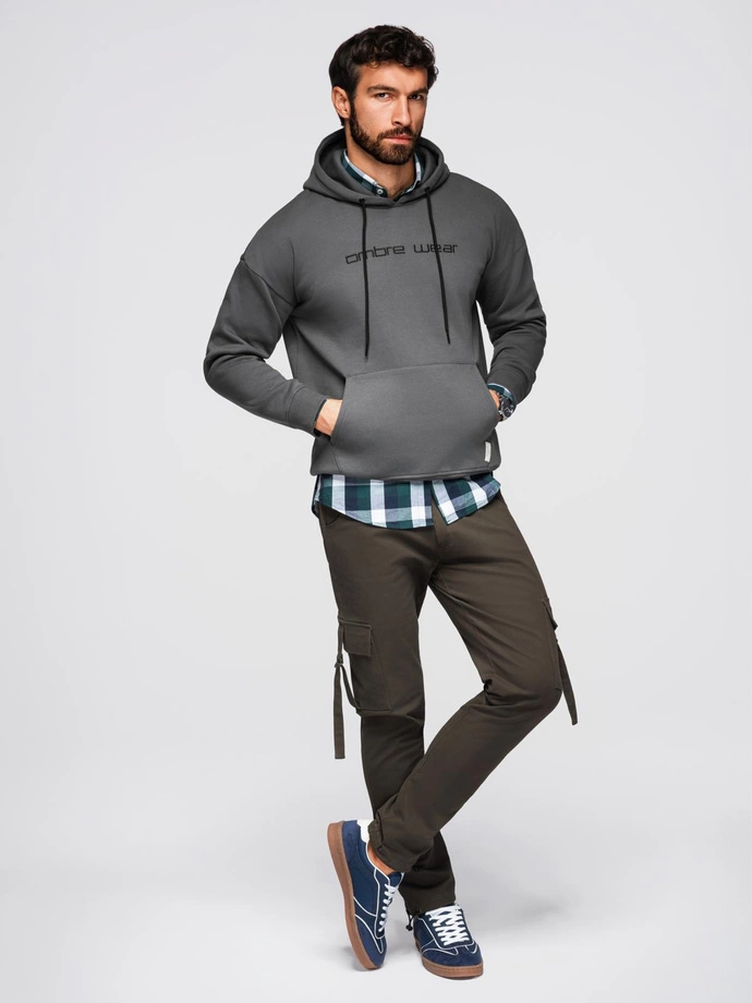 Men's kangaroo sweatshirt with embroidery and hood - graphite V2 OM-SSNZ-0241