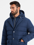 Men's long quilted jacket with lapels and lining - dark blue V1 OM-JALJ-0177
