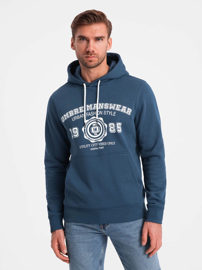Men's kangaroo hoodie with college style print - navy blue V2 OM-SSPS-0143