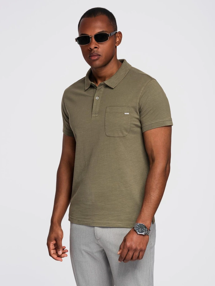 Men's polo t-shirt with decorative buttons - dark olive V5 S1744