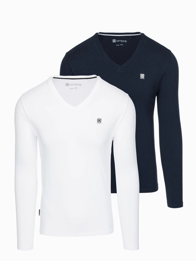 Vyriškų SLIM FIT ilgų rankovių rinkinys su V formos iškirpte ir logotipu 2 vnt. - baltos/mėlynos spalvos mišinys V1 Z103