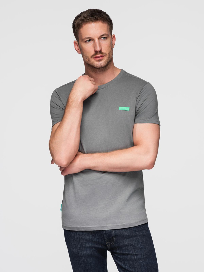 Men's cotton t-shirt with green patch on chest - gray V1 OM-TSCT-0151