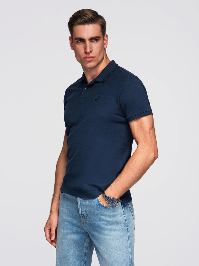 Tricou polo BASIC pentru bărbați, tricou piqué monocolor - albastru marin V2 OM-POBS-0100